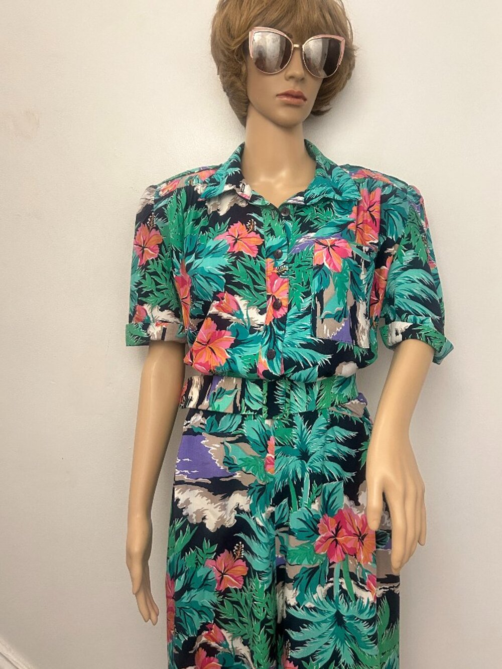 Vintage 80s / 90s Tropical Floral Wide-Leg Belted Jumpsuit Palazzo Romper